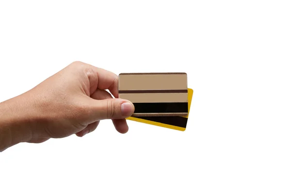 Две кредитные карты в руке изолированы на белом фоне — стоковое фото