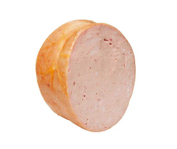 Pedaço de salsicha cozido isolado em um fundo branco — Fotografia de Stock