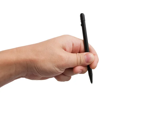 Penna nera in mano su sfondo bianco — Foto Stock