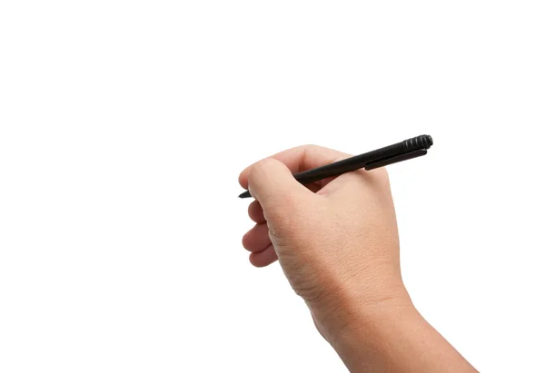 Svart penna i handen på vit bakgrund — Stockfoto