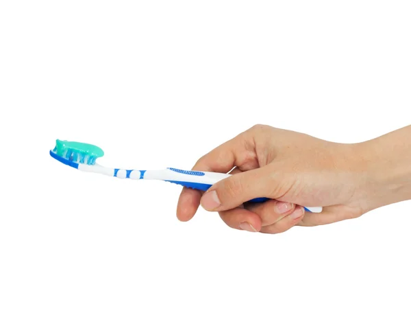 歯ブラシ、歯磨き粉、手で — ストック写真