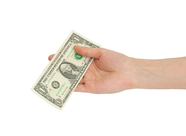 Een man's hand met een één dollar bill. — Stockfoto