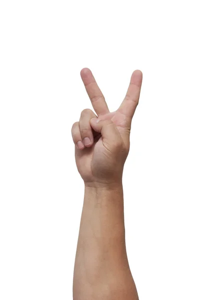 Mão mostrando o sinal de vitória e paz close-up isolado em — Fotografia de Stock