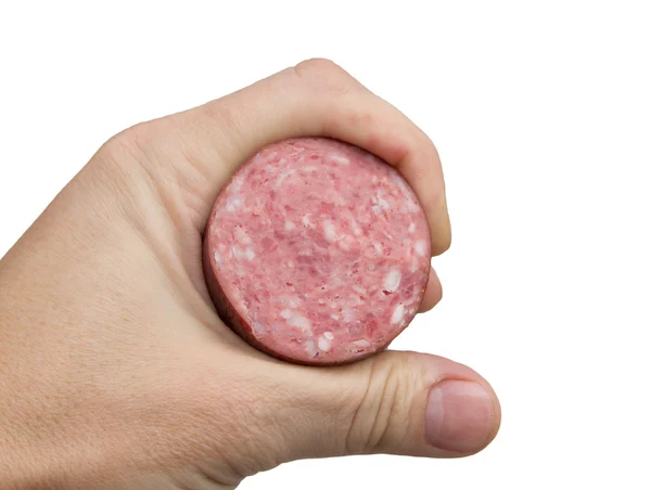 Sausage in his hand on a white background — Stock Photo, Image