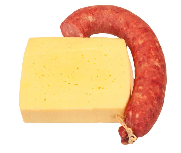 Salchicha y queso sobre fondo blanco — Foto de Stock