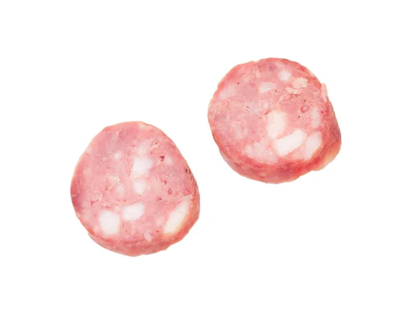 Dois pedaços de salsicha em um fundo branco — Fotografia de Stock