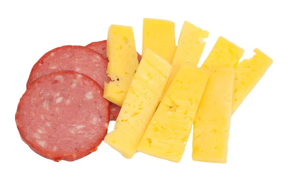 Salsicha e queijo sobre fundo branco — Fotografia de Stock