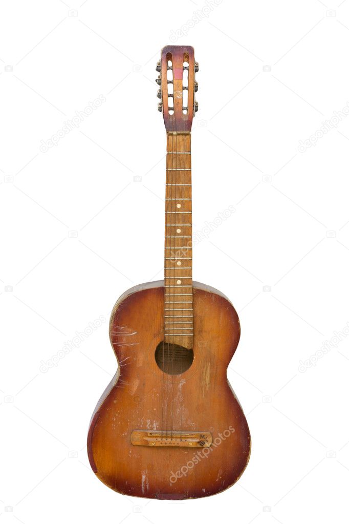 An old guitar on white background