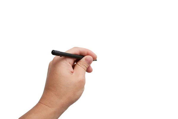 Черная ручка в руке на белом фоне — стоковое фото