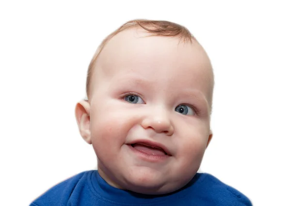 Lilla barn baby leende närbild porträtt på vit bakgrund — Stockfoto