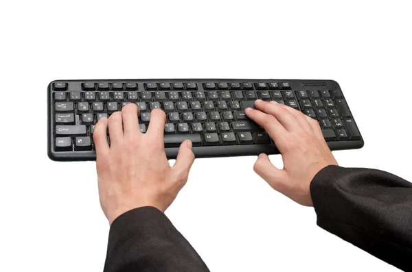 Beyaz zemin üzerinde klavye ile el — Stok fotoğraf
