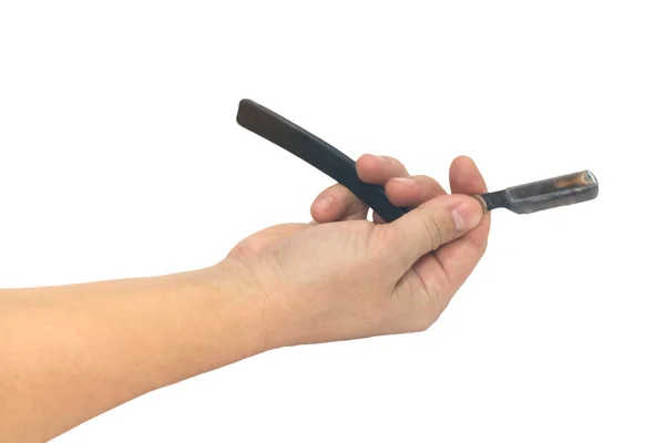 Hand holding classic straight razor on white background — Stock Photo, Image