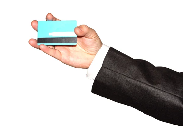 Affärsmannens handen håller blå kreditkort 03. isolerad på whi — Stockfoto