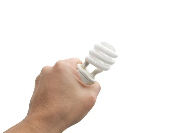 Brazo que sostiene la lámpara de ahorro de energía aislada en blanco —  Fotos de Stock
