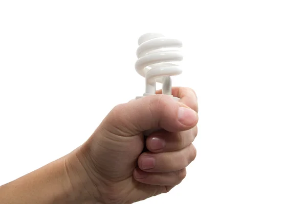 Braccio con lampada a risparmio energetico isolata su bianco — Foto Stock