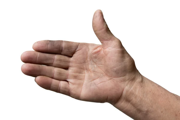 Mãos sujas do velho sobre um fundo branco — Fotografia de Stock