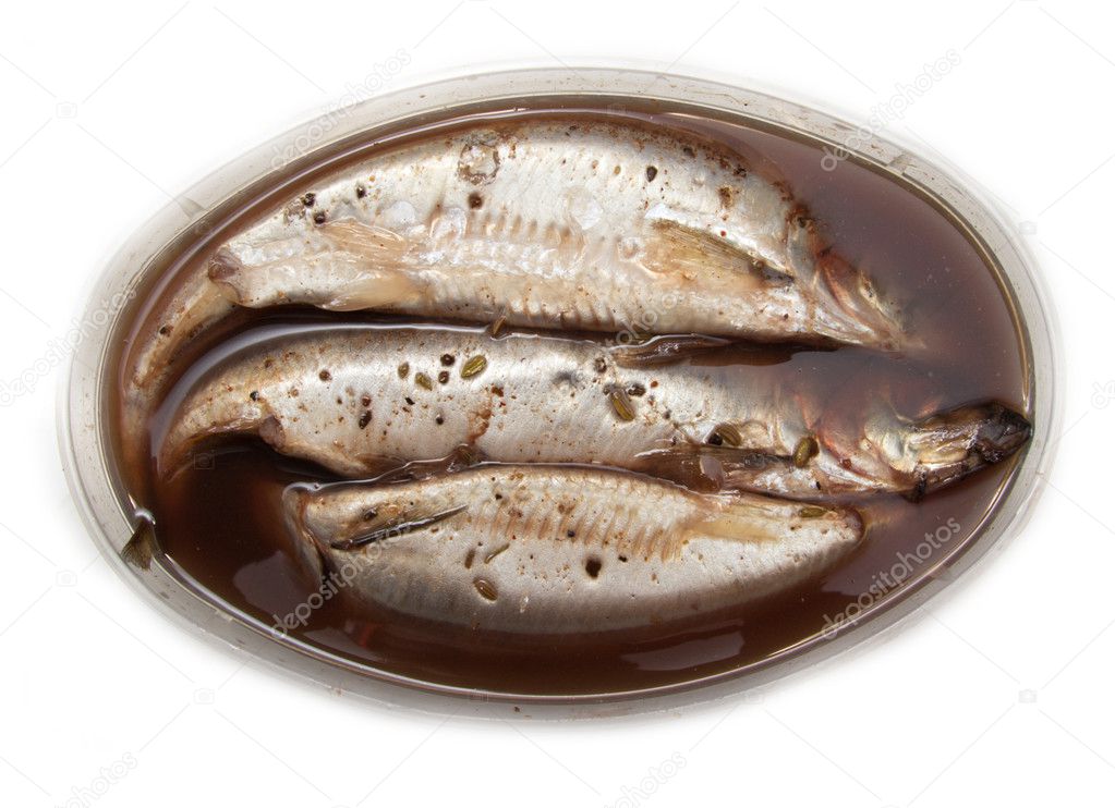 Spicy salted herring on a white background
