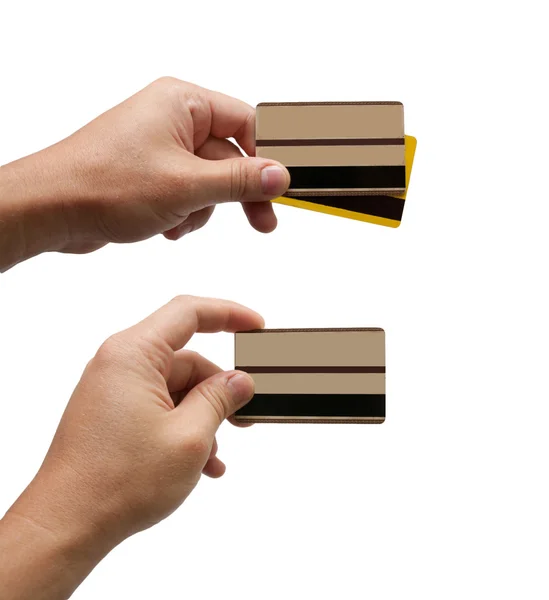 Creditcards in hand geïsoleerd op witte achtergrond — Stockfoto