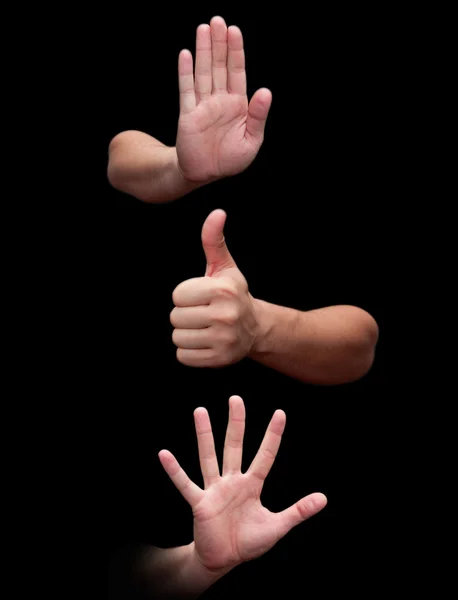 Três mãos isoladas sobre fundo branco — Fotografia de Stock