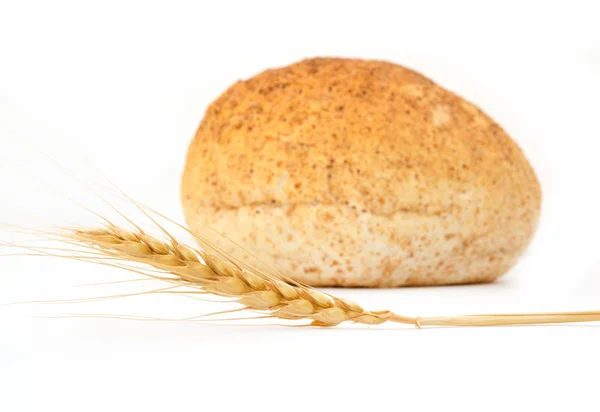 Pšenice a chléb na bílém pozadí — Stock fotografie