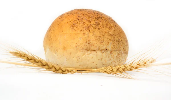 Trigo e pão sobre um fundo branco — Fotografia de Stock