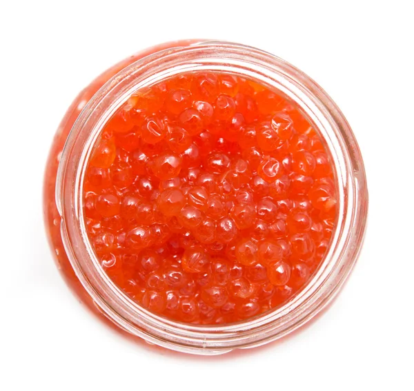 Röd kaviar i banken på vit bakgrund — Stockfoto