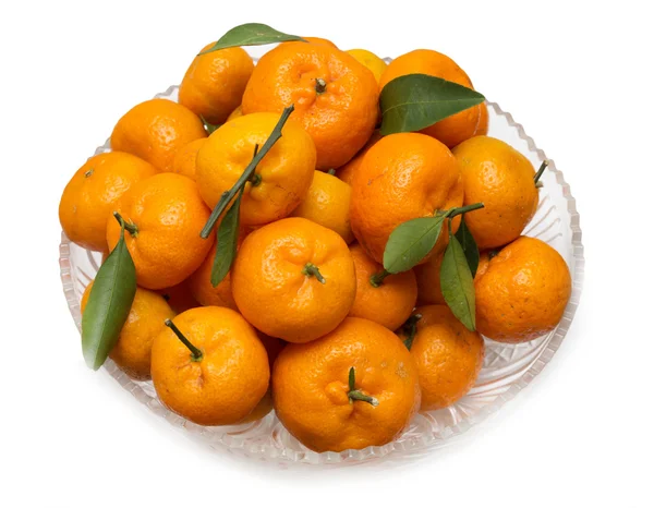 Orangen mit Blättern auf einem Teller — Stockfoto