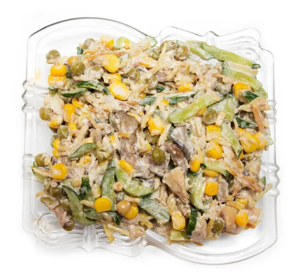 Salat. Gurken mit Pilzen und Mais — Stockfoto