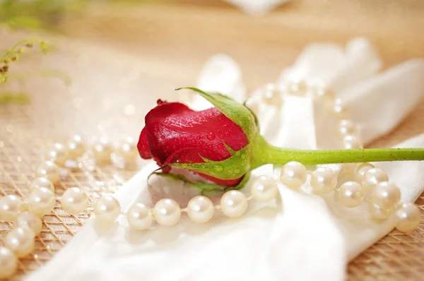 Rose and pearls with vintage glove — Stock Photo, Image