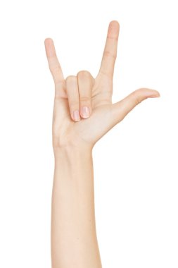 Woman hand giving the devil horns gesture (isolated on white bac clipart