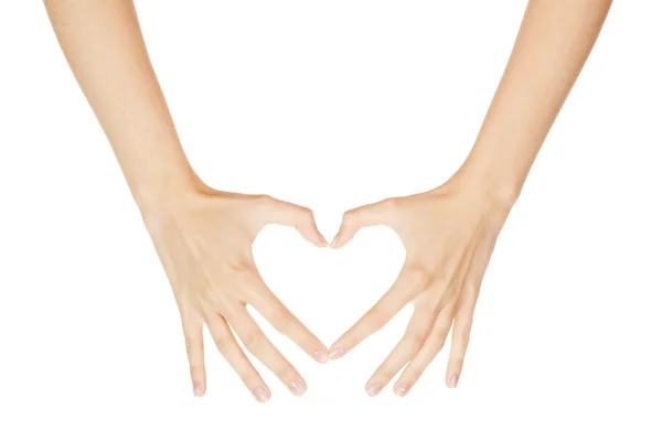 Frau Hand macht Zeichen Herz isoliert auf weißem Hintergrund — Stockfoto
