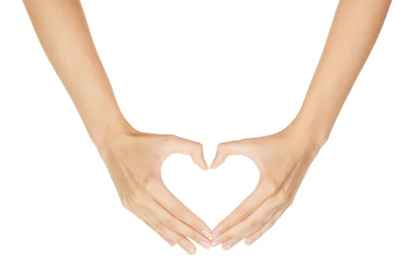 Mulher mão fazendo sinal Coração isolado no fundo branco — Fotografia de Stock