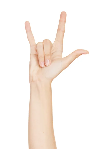 Mulher mão dando o diabo chifres gesto (isolado no branco bac — Fotografia de Stock