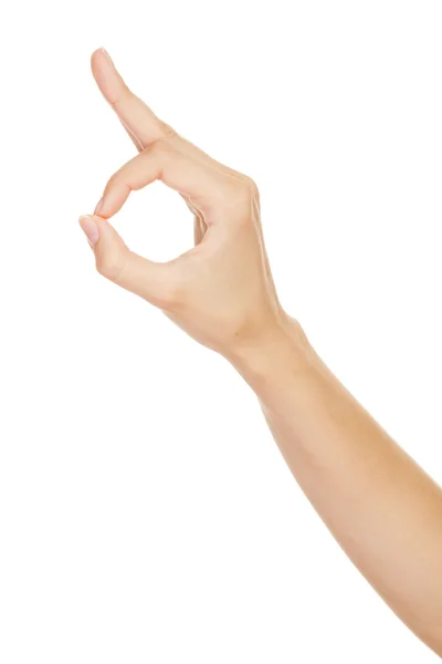 Mão da mulher fazendo sinal Ok isolado no fundo branco — Fotografia de Stock