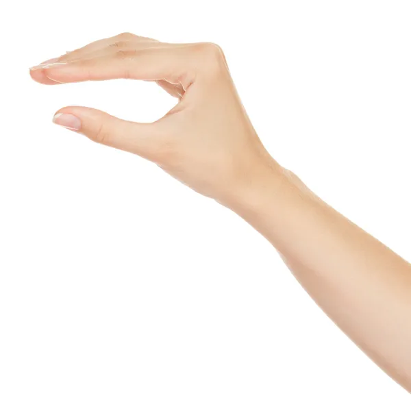 Женская рука измеряет невидимые предметы. Изолированные на белом . — стоковое фото