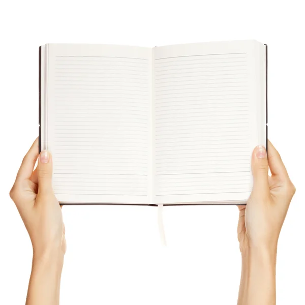 Женщина рука с пустой книги изолированы на белом фоне — стоковое фото