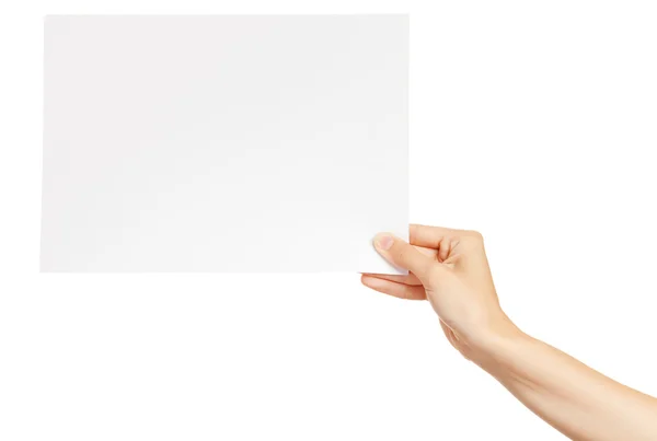 Papperskort i kvinna hand isolerad på vit bakgrund — Stockfoto
