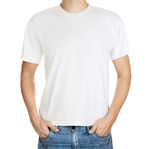 Camiseta blanca sobre una plantilla de hombre joven aislada sobre fondo blanco —  Fotos de Stock