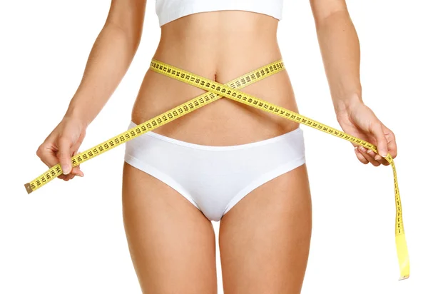 Mujer que mide la forma perfecta de hermoso muslo saludable vitalidad —  Fotos de Stock