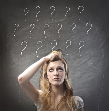 Young woman with doubtful expression and question marks over her head clipart