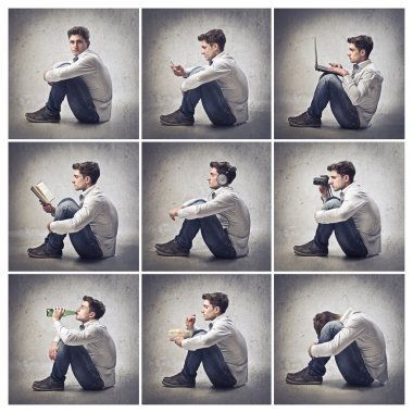 Composition of portraits of the same young man doing different things clipart