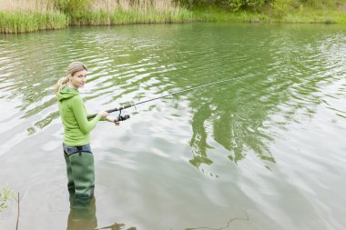 Woman fishing in pond clipart