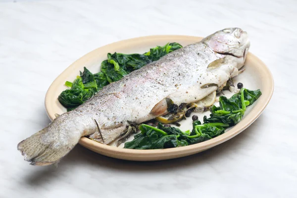 Bream baked with Italian herbs and fried spinach — Stock Photo, Image