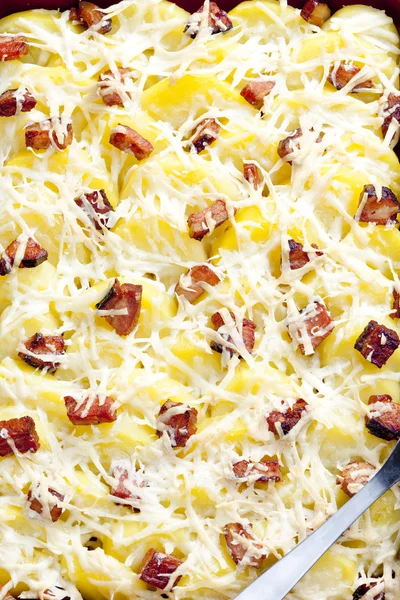Potatoes with bacon baked with pecorino cheese — Stock Photo, Image