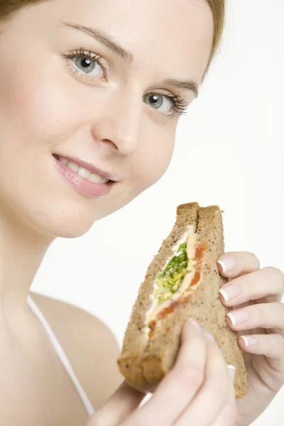 Portrét ženy s sendvič — Stock fotografie
