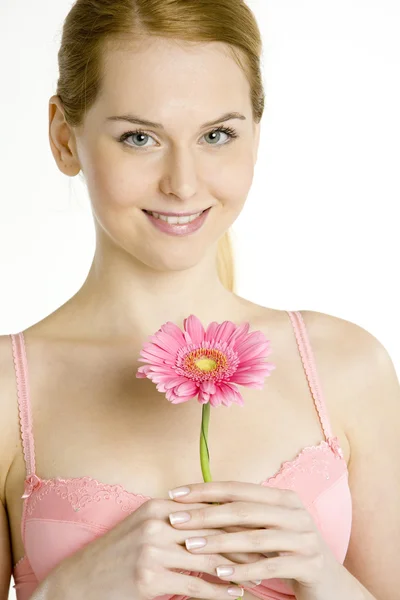 Portrait of woman with gerbera — Stock Photo, Image