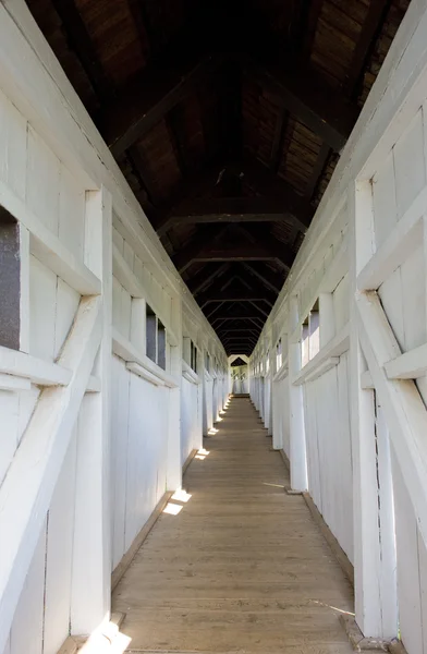 Interior of covered wooden bridge by Dusan Jurkovic, Nove Mesto — Stock Photo, Image