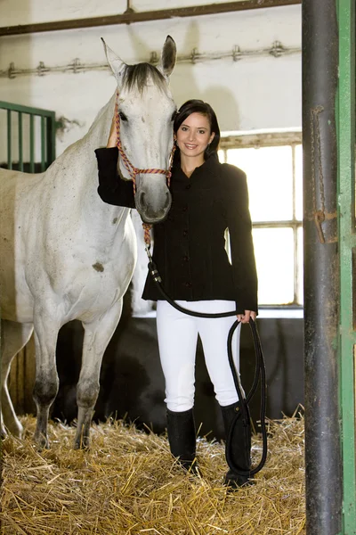 Equestrian with horse in stable — Stock Photo, Image