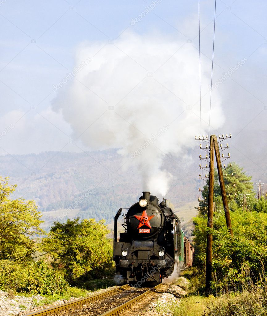 Train with steam locomotive near Handlova, Slovakia