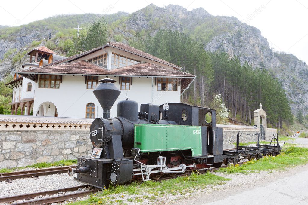 Steam locomotive in front of Dobrun Monastery, Bosnia and Herceg